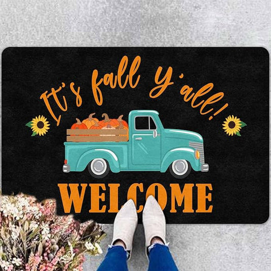 InterestPrint Fall Welcome Door Mat, Fall Truck Harvest Pumpkin Doormat for Front Door Outdoor Outside Entrance Porch Non Slip Rubber Rug Autumn Halloween Thanksgiving Farmhouse Decor, 24"x16"inch