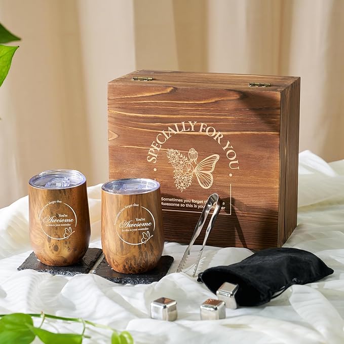 Wine Lovers Gifts for Women, Birthday Gifts for Mom Sister Friend Coworker Girlfriend Inspirational Gift Set, Wine Gift Box Set with Tumblers, Ice Cubes