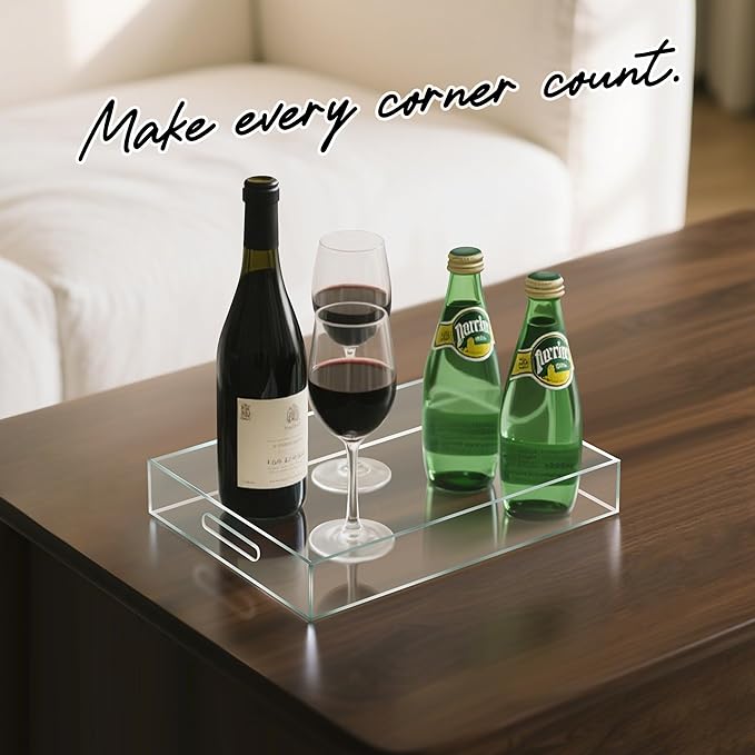 Clear Acrylic Serving Tray with Handles-Butler Trays for Coffee Table, Snacks,Breakfast in Bed, Kitchen Countertop,Vanity,Makeup Organizer,Ottoman (Clear, 10x15 Inches)