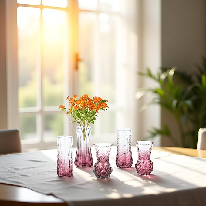 Glass Bud Vase Set of 5: Eylkoi Pink Vases for Centerpieces Decorative, Vintage Embossed in Bulk Crystal Textured Cute, Wedding Decor Mini Flower Floral Vase for Rustic Wedding, Home Table, Party