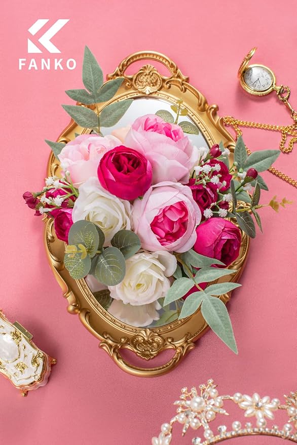 FANKO Rose Artificial Flowers Combo for DIY, Fake Pink Rose Silk Flowers Greenery, Faux Flowers for Wedding Bridal Bouquet, Baby Shower, Table Centerpieces, Floral Arrangement, Party Home Decoration
