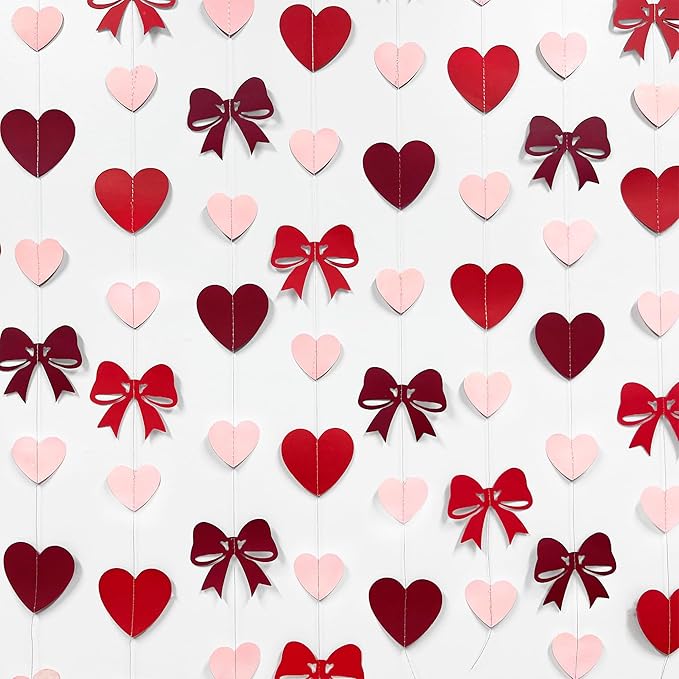 Heart Bow Decorations Burgundy Red Pink Heart Bow Hanging Garland Streamer for Anniversary Birthday Valentines Bachelorette Wedding Baby Shower Bridal Shower Engagement Hen Party Decorations Supplies