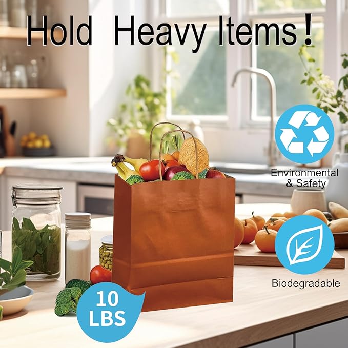 BAG BOX 25 Pack 8.25x4.3x10.6 Inch Orange Gift Bags with Handles,Bulk Kraft Paper Bags for Shopping, Retail, Merchandise, Wedding, Party Favors, Paper Grocery Sacks