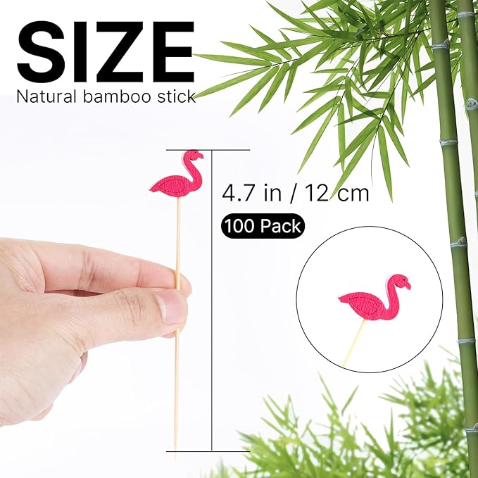 PuTwo Cocktail Picks Handmade Bamboo Toothpicks 100ct 4.7" in Flamingo Decor