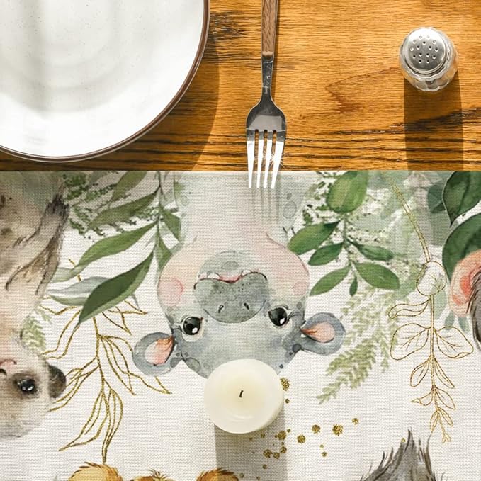 Artoid Mode Animals Elephant Giraffe BabyShower Table Runner, Seasonal Spring Summer Kitchen Dining Table for Home Party Decor 13x36 Inch