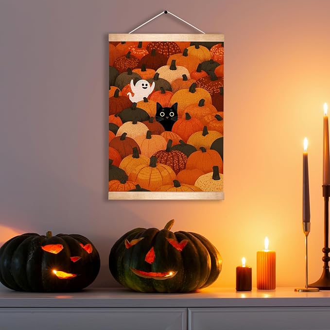Rustic Halloween Ghost and Black Cat with Pumpkin Wall Art 18.5x14 Inch,Halloween Linen Canvas Wall Hanging Poster Decor, Retro Gothic Haunted House Theme Wall Poster for Living Room Bedroom(BLK10)
