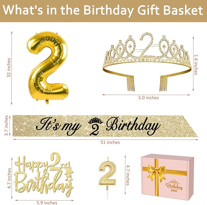 2nd Birthday Decorations for Baby Girls, Including Sash and Crown, Cake Topper and Candle 2, Number Balloon, 2nd Birthday Gifts for Girls