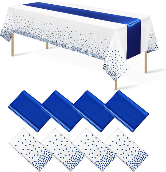 8Pack Disposable Plastic Tablecloths and Satin Table Runner White and Royal Blue Dot Tablecloth Blue Satin Table Runner for Wedding Birthday Baby Shower Anniversary Christmas New Year Party Supplies