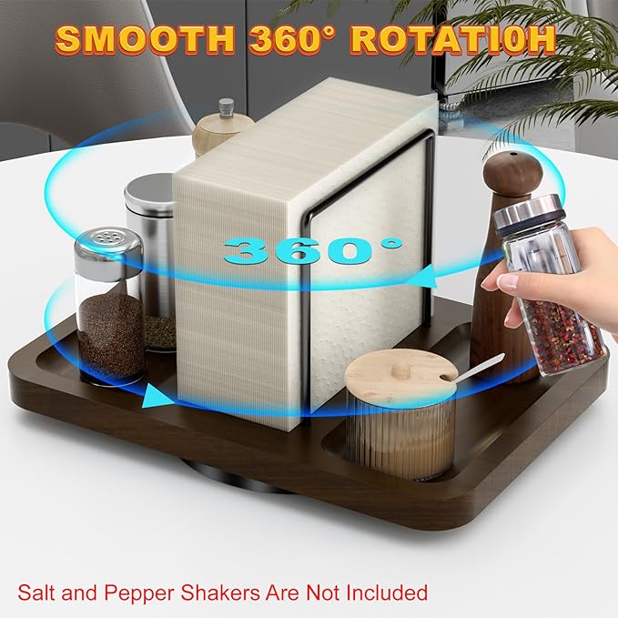 Napkin Holder for Table, Rotating Metal Napkin Dispenser with Salt and Pepper Shakers Caddy Standing Paper Towel Holder for Bathroom Kitchen Dining Table Decor Not Including Shakers