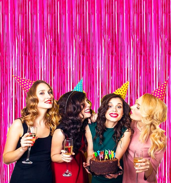 2 Pcs 3.2ft x 8.2ft Shiny Hot Pink Metallic Tinsel Foil Fringe Curtains Photo Booth Backdrop for Birthday Wedding Holiday Celebration Bachelorette Party Decorations
