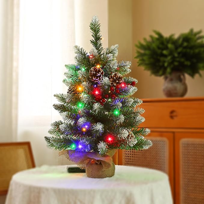 Joyhalo 2ft Small Christmas Tree with Lights Multicolor and Warm White, Flocked Pre Lit Table Top Christmas Tree, 80 Branches Mini Xmas Tree for Room Office Classroom Decoration