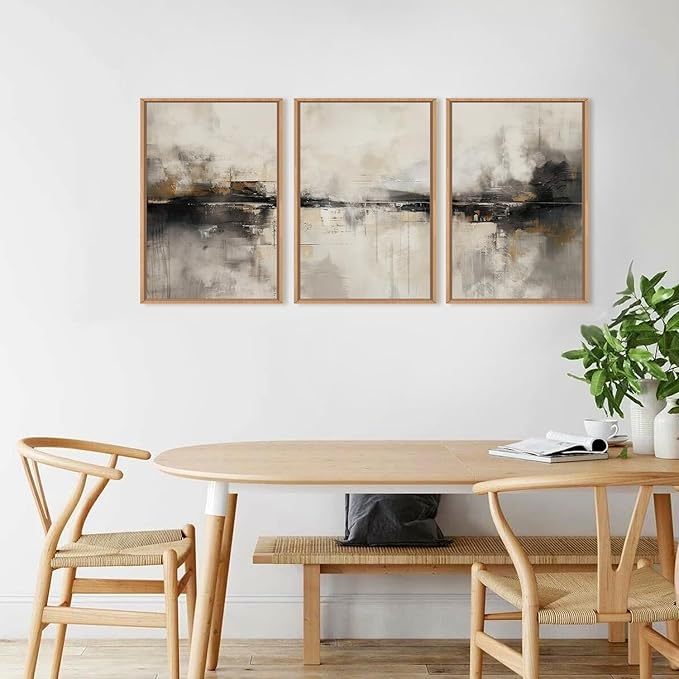 HOURIA Large Neutral Black Brown Framed Canvas Wall Art Set,Abstract Gray Wall Decor,Minimalist Beige Wall Painting,Modern Illustrations Tan Art Print for Living Room, Bedroom, Office- 16"x24"x3