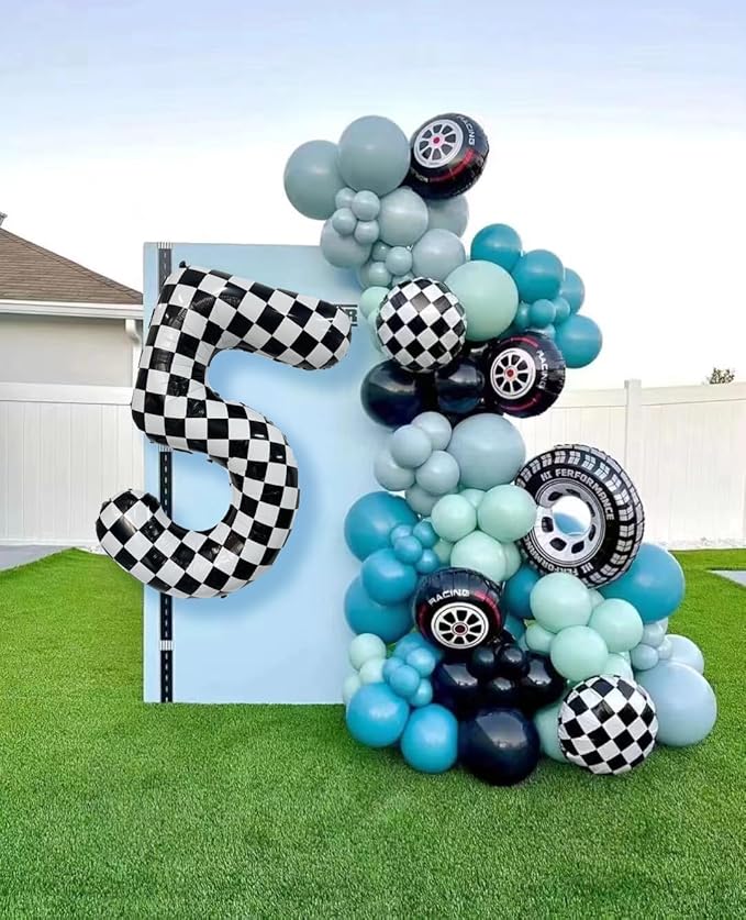 40 Inch Checkered Number Balloon 5 Black and White Number 5 Balloon Foil Helium Balloons for Birthday Party Decoration Girls Boys Baby Shower Anniversary Decoration Race Car Party Decoration
