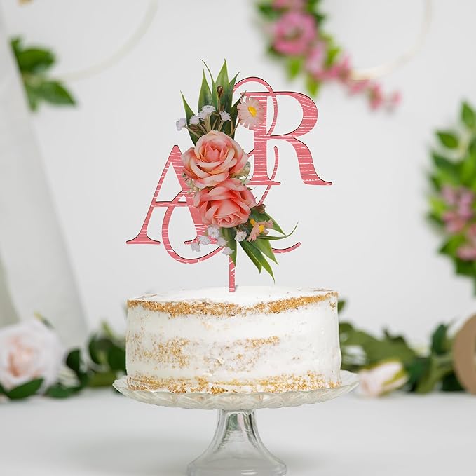 Wedding Cake Topper with 3D Artificial Flowers and Green Leaves Custom Initials Personalized Wooden Anniversary Cake Decoration (Pink)