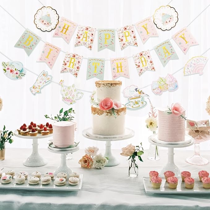 SUNBEAUTY Floral Tea Party Birthday Decorations Tea Happy Birthday Banner Floral Garland Birthday Banner for Alice in Wonderland Tea Party Decorations Photo Booth Backdrop | Pre-Strung