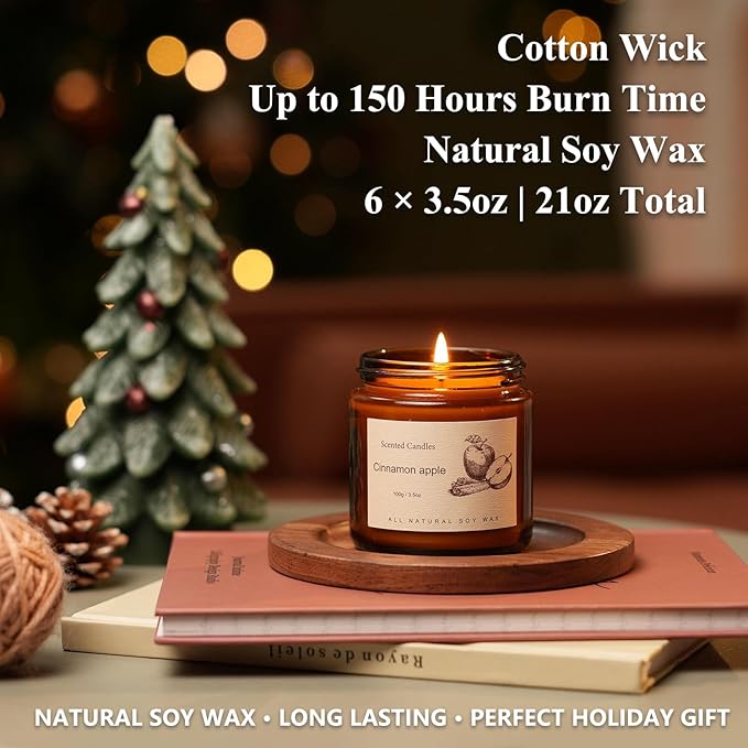 6 Pack Winter Candles for Home Scented,Long Lasting Soy Candles for Home,Holiday Scented Candle Gift Set with Cinnamon Apple,Pumpkin Chai&Vanilla,Natural Aromatherapy Candles,Christmas Gifts for Women