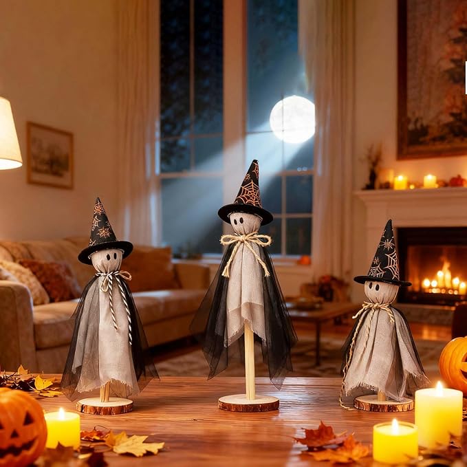 Halloween Decorations Indoor, Set of 3 Sizes Fabric Ghosts with Spiderweb Witch Hats, Primitive Wood Ghost Kit for Table Centerpiece Farmhouse Shelf Mantel Kitchen Home Decor (Black)