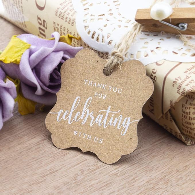 Summer-Ray 50pcs Elegant Square Thank You for Celebrating with Us Favor Tags Wedding Gift Tags (Kraft)