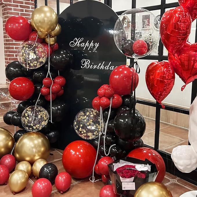 Red Black Gold Balloons Arch Kit with Gold Confetti, 166Pcs Red Gold Black Balloons Garland for Birthday Wedding Anniversary Movie Casino Night Hollywood New Years Festival Decorations