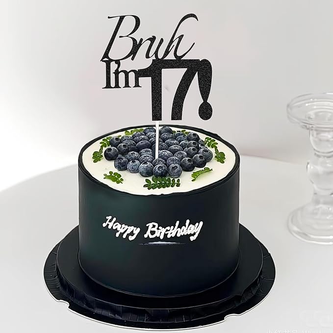 Bruh I'm 17 Cake Topper - Black Glitter Happy 17th Birthday Decorations for Boys Teens, Funny 17 Year Old Party Supplies, Bro I'm 17 Cake Decor (Bruh I'm 17！,17th)