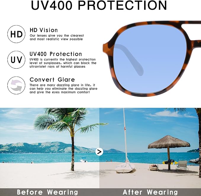 YDAOWKN Retro Square Aviator Sunglasses for Womens Mens Vintage 70s Double Bridge Sun Glasses