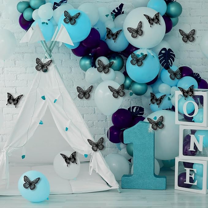 Halloween Black Butterfly Decorations Wall Decor,48Pcs 2 Styles 3 Sizes Butterflies Stickers for Cake Cupcake Toppers, 3D Paper Butterfly Decals for Birthday Goth Party Bathroom