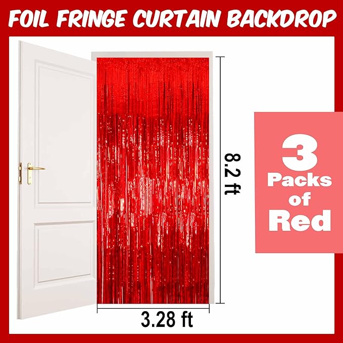 3 Pack Red Foil Fringe Curtains Backdrop, 3.28 x 8.2 Ft Metallic Streamers Tinsel Curtains Background for Photo Booth, Birthday, Christmas, Halloween, Thanksgiving, New Year Party Decorations