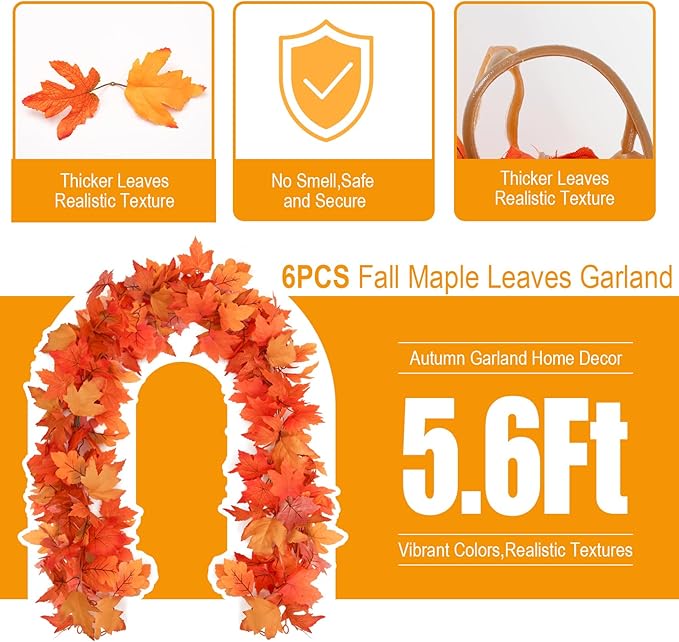 Joyhalo 6 Pack Fall Garland, Autumn Leaves Garland for Mantle Indoor Outdoor Fall Decor,Hanging Maple Leaf Foliage Vines for Fireplace, Front Door, Porch and Thanksgiving Decor