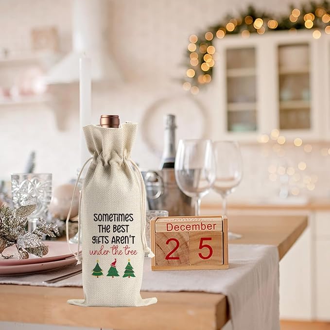 Christmas Pregnancy Announcement Wine Bags for Wine Bottles Gifts Grandparents Christmas Gifts Wine Bottle Cover Drawstring Gift Bags Burlap Wine Bag for Xmas Baby Announcement Party Decorations