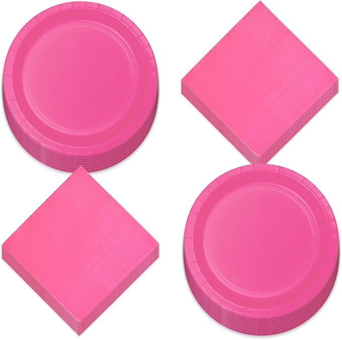Live It Up! Party Supplies Solid Hot Pink Paper Dinner Plates and Luncheon Napkins (Serves 16)