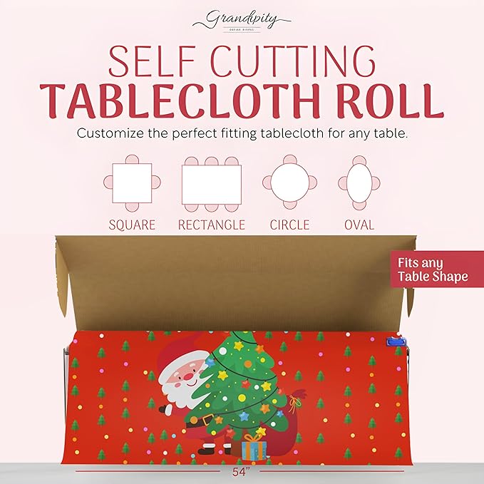 Grandipity Plastic Tablecloth Roll - 54in x 300 Ft. Santa Plastic Table Cloths for Parties Disposable with Cutter Box - Cut to Size Disposable Tablecloth Table Cover for Rectangle & Round