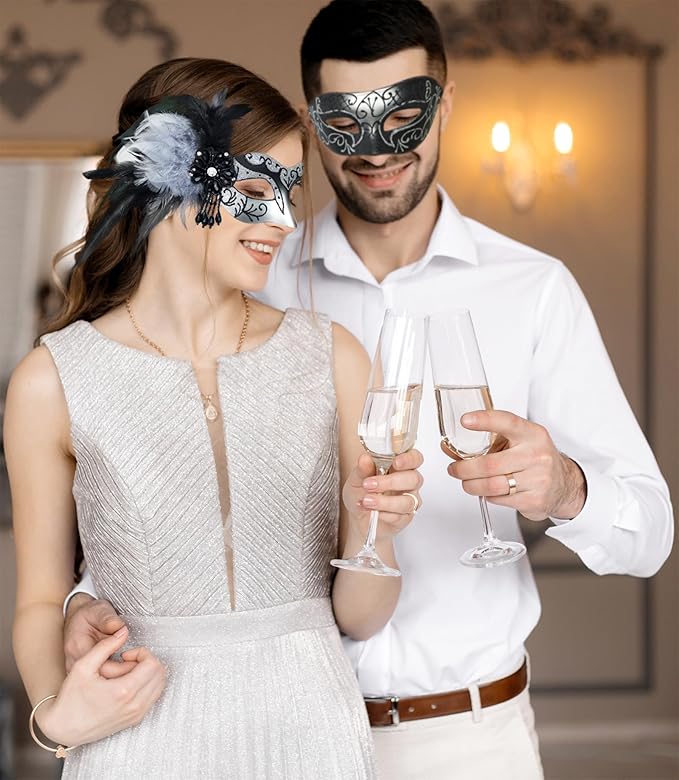 Silver Masquerade Mask for Couples -Masquerade Masks for Women with Feathers & Venetian Half Mask Halloween for Mascarade Party, Mardi Gras, Halloween Cosplay Prom, Christmas