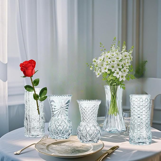 Glass Bud Vase Set of 5: Eylkoi Clear Vases for Centerpieces Decorative, Vintage Embossed in Bulk Crystal Textured Cute, Wedding Decor Mini Flower Floral Vase for Rustic Wedding, Home Table, Party