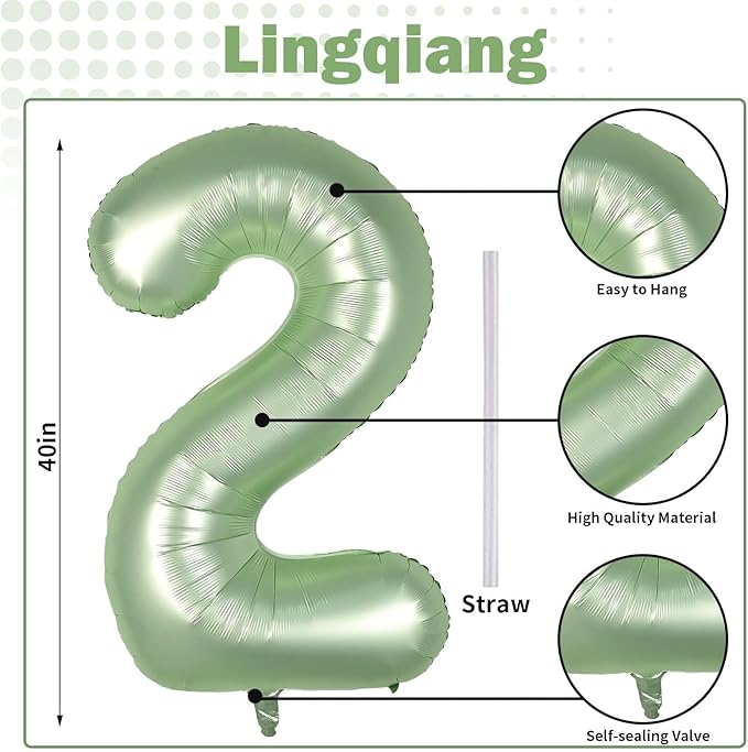40" Balloon Number 2 Sage Green, Large Foil Number Balloons Set 0-9, Olive Green 2 Helium Balloons for Girls Boys 2nd 12th 20th Birthday Anniversary Graduation Jungle Safari Party Decoration Supplies