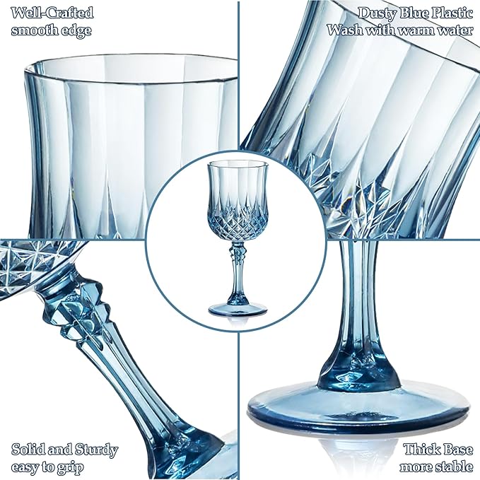 XUWAIDSGN 7oz Plastic Vintage Wine Glasses Drinking Glasses Unbreakable Wedding Glassware Crystal Water Goblets Reusable Drinkware Vintage Champagne Flutes (100, Blue)