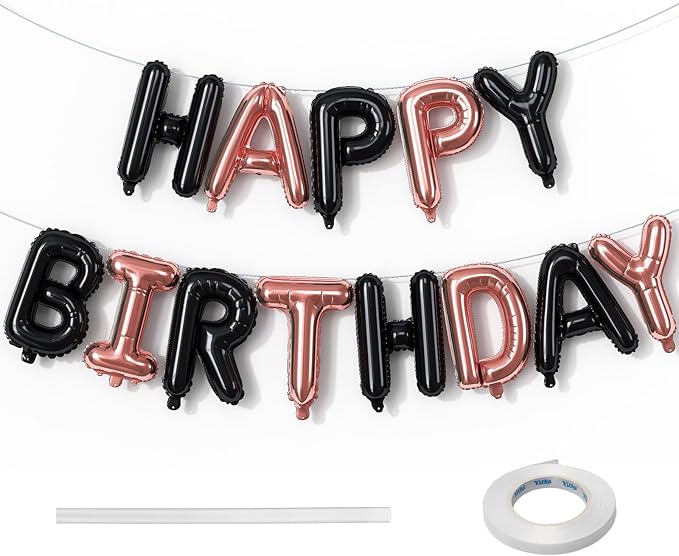 Happy Birthday Balloon Banner Rose Gold, 16 Inch Happy Birthday Foil Black Balloon, Happy Birthday Sign Bunting Banner Self Inflating Letter Balloon for Girls Women Birthday Party Decorations Supplies