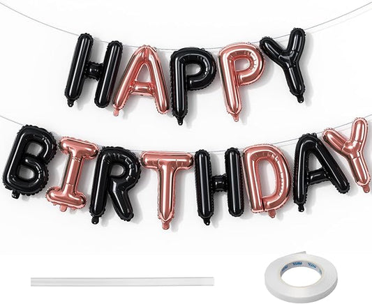 Happy Birthday Balloon Banner Rose Gold, 16 Inch Happy Birthday Foil Black Balloon, Happy Birthday Sign Bunting Banner Self Inflating Letter Balloon for Girls Women Birthday Party Decorations Supplies