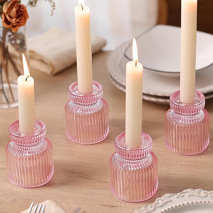 DARJEN 12 Pcs Glass Candlestick Holders- Pink Taper Candlestick Holders Tealight Votive Candle Holders for Table Centerpieces, Wedding, Dinner Party, Home Decor