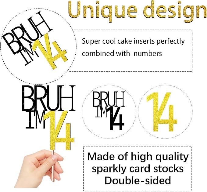Bruh I'm 14 Cake Topper - Bro I'm 14, Happy Sweet 14 Ornament for Boys' 14th Birthday Party Supplies (Bruh I'm 14)