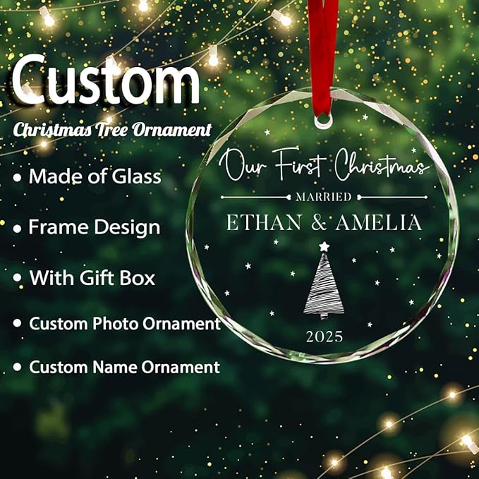 Personalized Round First Christmas Crystal Glass Ornaments Custom 2025 Name Ornament for Christmas Tree Decorations Customized Xmas Tree Hanging Gifts for Family Lover