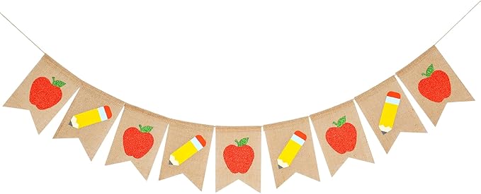 Glitter Apple Pencil Burlap Banner,Welcome Back to School Decorations,First Day of School Banner Garland for Classroom Teachers Office Backdrop Party Supplies