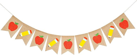 Glitter Apple Pencil Burlap Banner,Welcome Back to School Decorations,First Day of School Banner Garland for Classroom Teachers Office Backdrop Party Supplies