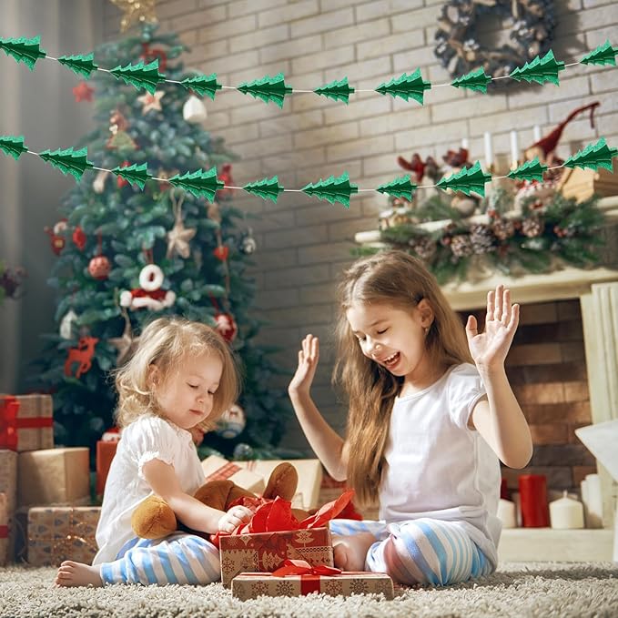 Green Christmas-Tree Party-Decorations Plant Garland - 25 Ft Hanging Woodland Theme Paper Streamers Banner,Nature Birthday Wedding Baby Bridal Shower Forest Decor Graduation Ouruola