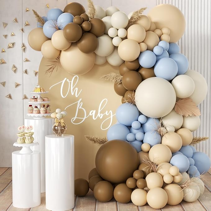 Dusty Blue Brown White Balloon Arch Kit, 166Pcs Boho Dark Brown Pastel Blue Sand White and Nude Balloons Garland for Baby Shower Gender Reveal Birthday Party Decoration
