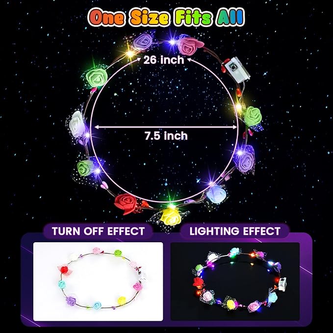 LovesTown 24PCS LED Flower Crowns Headbands Christmas Party, Light Up Flower Crowns For Women, Glow in the Dark Party Supplies for New Year Raves Birthday Wedding Favors Cosplay