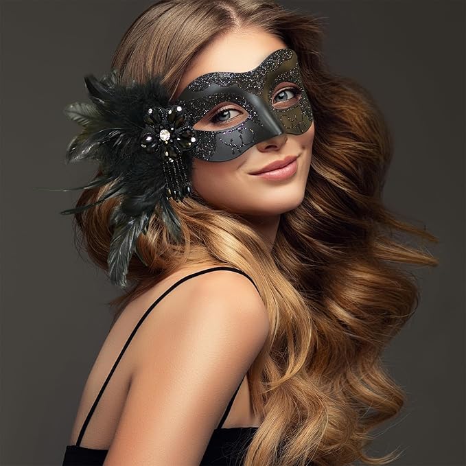 2025 New Black Masquerade Masks for Women with Feathers - Womens Mascarade Venetian Mask for Masquerade Party, Mardi Gras, Halloween Cosplay Prom, Christmas