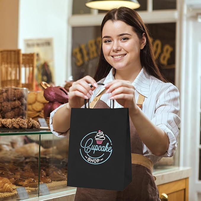 MESHA Gift Paper Bags 300 PACK 8x4.25x10.5'' Black Medium Shopping Kraft Bags Bulk with Handles Reusable for Business,Grocery,Birthday,Wedding,Kids Party,Favors