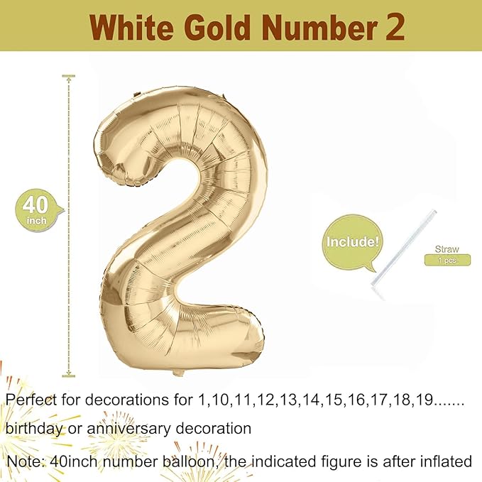 40 inch White Gold Number Balloon Giant Foil Helium Balloons Champagne Gold Number 2 Balloon for 2nd Birthday Party Decorations