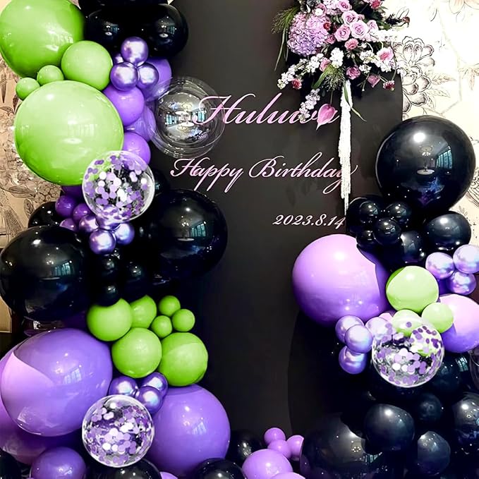 Purple Green Black Balloon Garland Arch Kit, 156 Matte Black Metallic Purple Lime Green Balloons for Wedding Anniversary Hero Birthday Video Game Graduation Racing Car Party Decoration