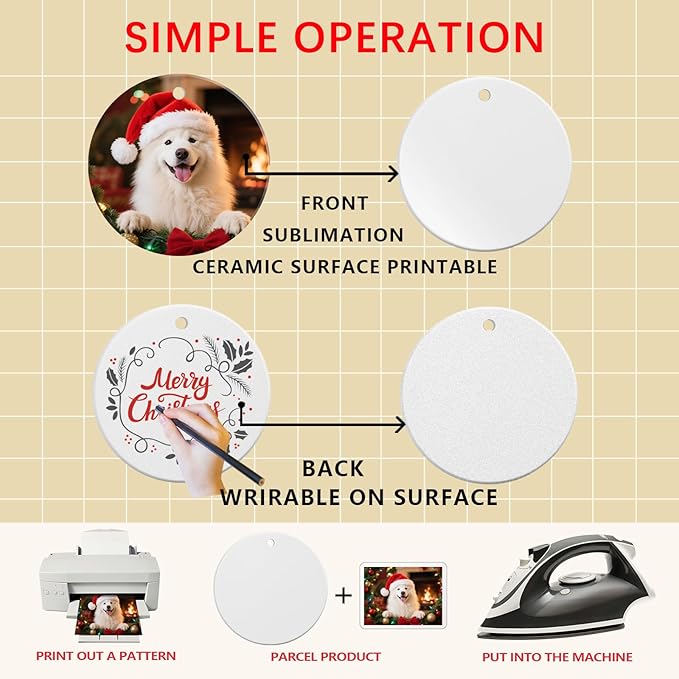 25 Pack Ceramic Sublimation Ornament Blank 3 inch Round Crafting DIY Personalized Printed Christmas Decorations Home Bulk White Porcelain Xmas Tree Crafts Decor